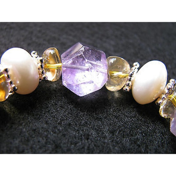 New Natural Rustic Amethyst, Citrine, Pearls Cuff Bracelet w/ Flower Clasp - Picture 7 of 8